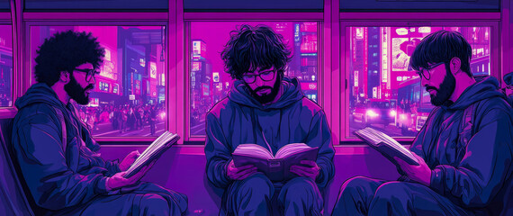 Three people seated on a bus immersed in reading, illuminated by the glow of neon lights from a lively city at night