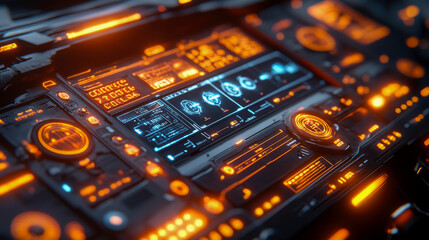 Obraz premium A detailed control panel glows with bright neon lights in a futuristic environment, highlighting advanced technology and intricate displays