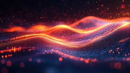 Abstract glowing orange and blue waves with particles.