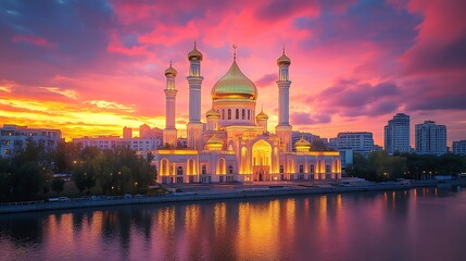 A grand mosque with golden domes under a radiant twilight sky