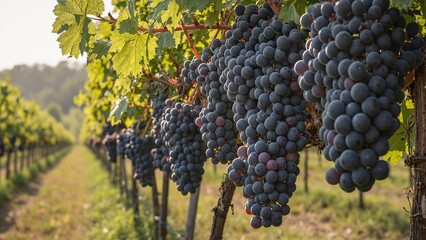 Ripe dark purple grapes on vine in sunlight ideal for winemaking