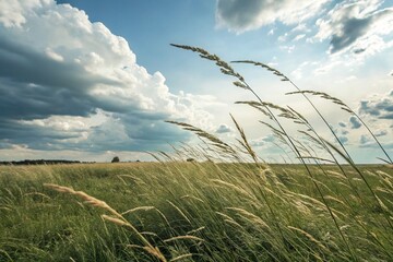 Obraz premium A field of tall grass swaying gently under the wind and clouds, wind, natural scenery, clouds, open field
