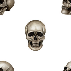 Simple seamless pattern with isolated skulls watercolor illustration on white background. Hand drawn pattern for Halloween or Gothic style which using on textile and wrapping paper, for website design