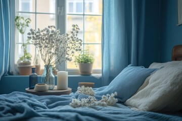 A cozy bedroom with a blue wall and a window with white flowers.