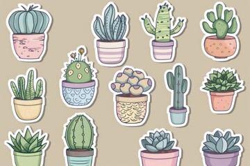 Colorful stickers featuring various types of cacti