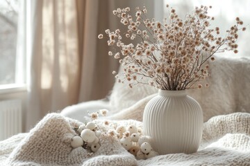 A white vase with dried flowers on a knitted blanket in a cozy living room setting.