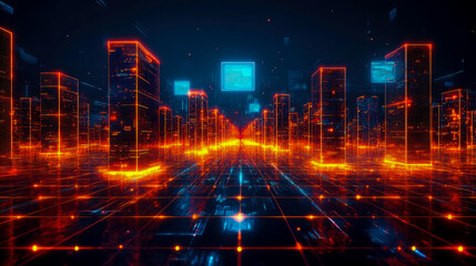 Fototapeta premium A vibrant city skyline with illuminated buildings and digital displays creates a futuristic atmosphere, showcasing a blend of technology and urban life