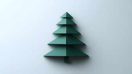 Obraz premium A minimalist Christmas tree, crafted from deep green paper, stands elegantly against a light gray background. Festive simplicity.