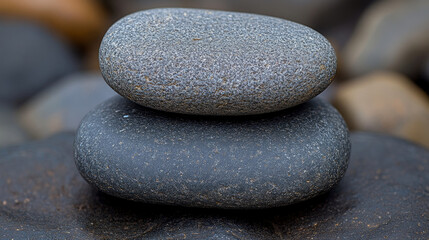 Two smooth stones are stacked neatly on top of each other, showcasing their rounded shapes and promoting a sense of calm and balance