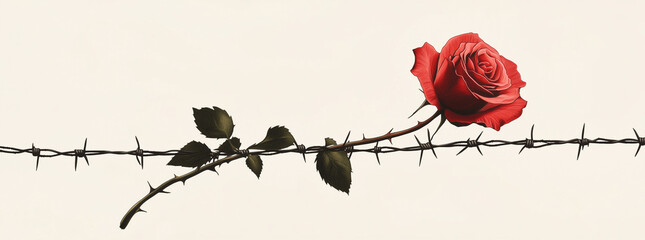 Rosa legata al filo spinato. Giorno della Memoria. Olocausto. Liberarsi dalla prigionia. Speranza.