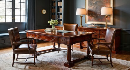 Fototapeta premium Heavy polished wood desks paired with leather chairs and soft rugs