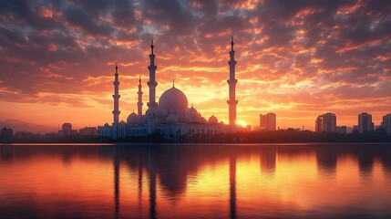 Obraz premium A grand mosque glowing under the golden glow of a peaceful sunrise