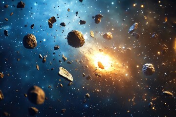 Asteroid field in space with rocky formations and distant planets