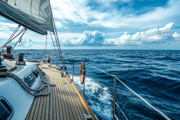 Obraz premium Sailing on calm waters under a blue sky with fluffy clouds