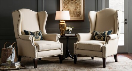 High backed wing chairs with nailhead trim and luxurious fabrics