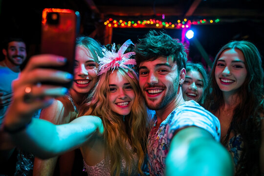 Friends enjoy a vibrant celebration while taking selfies at a party