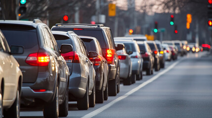 A long line of vehicles inching forward at a traffic light