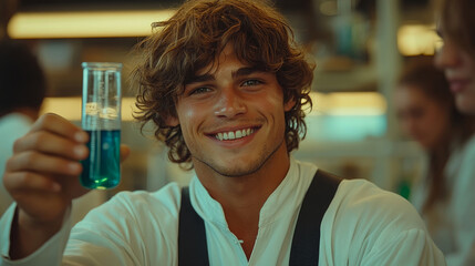 A cheerful young scientist in a white shirt displays a test tube filled with blue liquid, surrounded by colleagues in a modern lab environment
