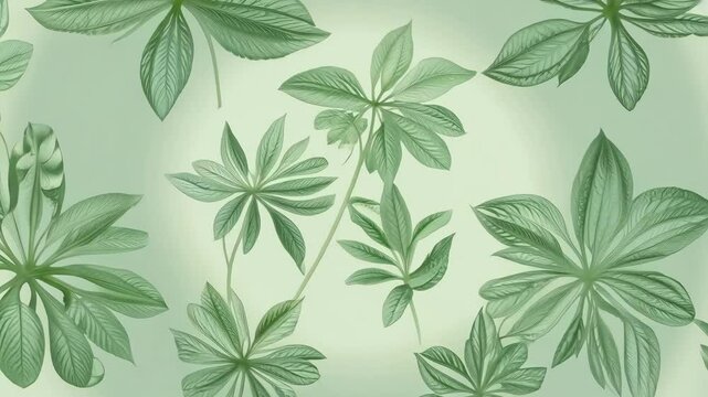 A beautiful green and white floral pattern is displayed on a light green background. The pattern features various types of leaves, including some that are large and some that are small