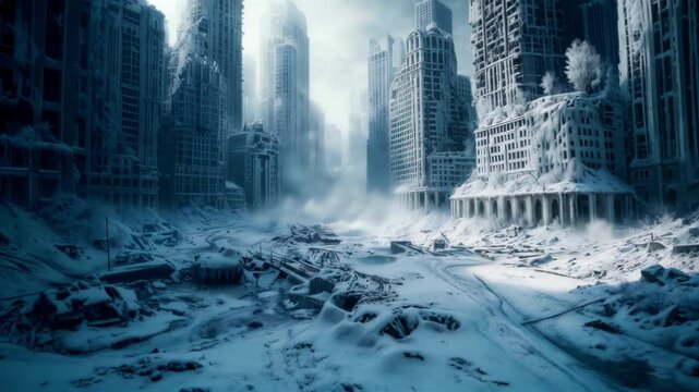 Post-apocalyptic image of ruins of modern city during nuclear winter, depicting skyscrapers covered in snow and ice, creating chilling desolate scene.