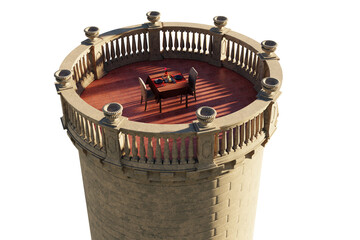 Romantic dinner in a medieval tower on transparent background. 3D Render