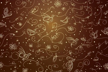 A seamless pattern featuring plants and birds, with a bird perched on a citrus tree branch..A harmonious design incorporating plants and birds, highlighted by a bird sitting on a citrus tree