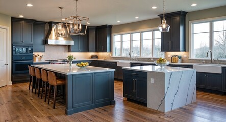 Obraz premium Kitchens with oversized islands and waterfall edge countertops
