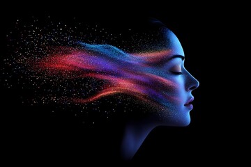 Fototapeta premium Woman’s face and hair dissolving into a cascade of colorful particles, symbolizing the fusion of humanity and technology