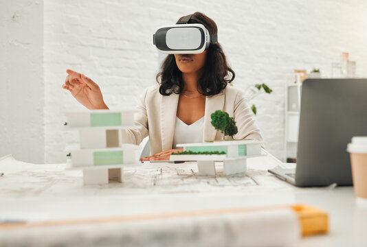 Woman, architect and vr goggles with model, design and 3d vision for real estate with tech in metaverse. Person, augmented reality and click with blueprint, buildings or futuristic property at office