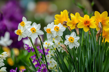 Fototapeta premium Colorful spring flowers bloom in a vibrant garden setting