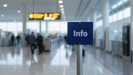 Fototapeta premium Polished silver pole with Info sign on navy blue background in airport terminal