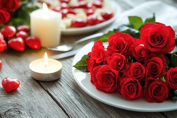 A plate with red roses next to a candle, ideal for romantic dinner or special occasion