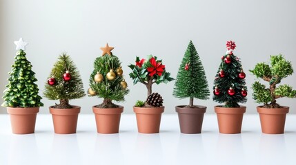Fototapeta premium A collection of small potted Christmas trees, each decorated with tiny ornaments, displayed on a white surface.