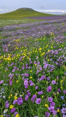 Obraz premium A vibrant field of blooming wildflowers gently swaying in the breeze, creating a wave effect