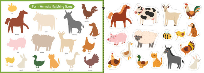 Cut and glue game with cute farm animals. Educational activity page for kids. On the farm matching game for school and preschool. Vector illustration