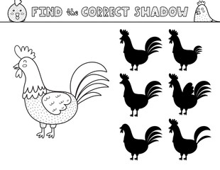 Find the correct shadow black and white activity page for kids with a cute rooster. Shadow matching game in outline with a farm character. Vector illustration