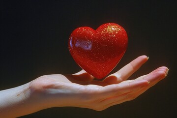 Obraz premium A person holds a bright red heart in their hand, symbolizing love and affection