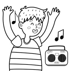 Cute boy listening music in black and white print. Funny kid enjoying a song and dancing. Vector illustration