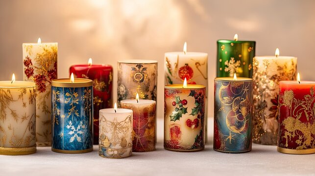 A collection of various-sized Christmas candles, each with unique designs, displayed on a white surface.