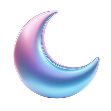 pastel pink and blue moon holographic Iridescent 3d render icon isolated on transparent background cutout