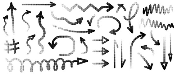Set of different shapes of halftone effect arrows, drawn in black digital form for design in fun presentations and animated visuals with a tonal gradient effect. vector illustration