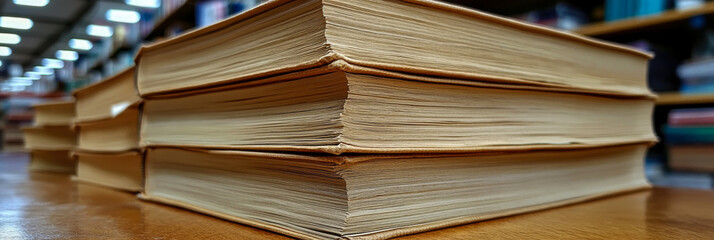 Obraz premium Books with worn edges are stacked neatly on a table in a serene library, where scholars find inspiration and knowledge amidst the shelves