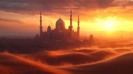 A grand mosque surrounded by gentle waves of sand and a serene sky