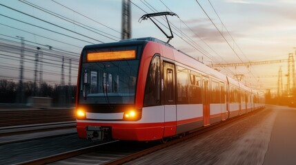 Naklejka premium Electric train in motion at sunset urban transport scene peak energy and electricity concepts