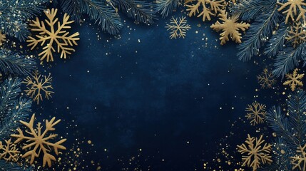 Elegant Navy Blue and Gold Christmas Frame with Glittering Snowflakes