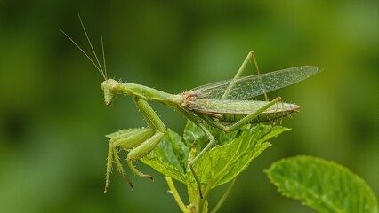 Vibrant green praying mantis with detailed anatomy and delicate wings