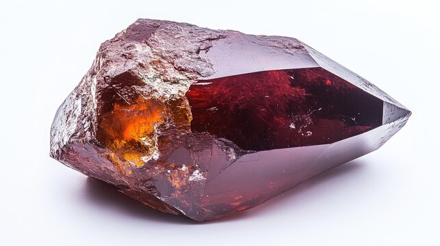 A deep red garnet stone presented against a white backdrop, highlighting its rich color and smooth facets, a symbol of strength and protection.