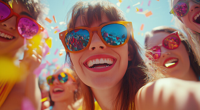 A group of friends enjoying themselves at the carnival, wearing colorful sunglasses and smiling for the camera. 