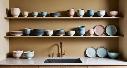 Open shelving in kitchens displaying curated modern dishware in soft hues