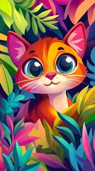 Fototapeta premium A playful, cartoon-style illustration of a cute female cat. Big expressive eyes, exaggerated features, and colorful details. The cat is looking at you. Bright, cheerful background